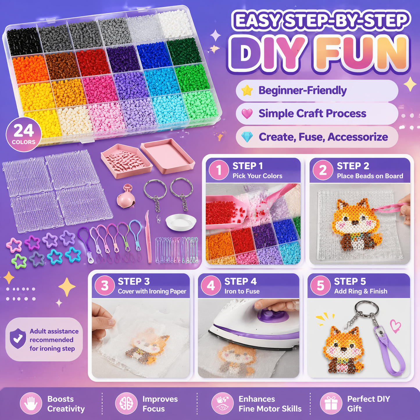 24-Color Fuse Beads Kit for Kids & Adults, Complete DIY Craft Set with Storage Case, Pegboards, Tweezers, and Keychain Accessories – Ultimate Creative Arts & Crafts Gift for Creative Fun