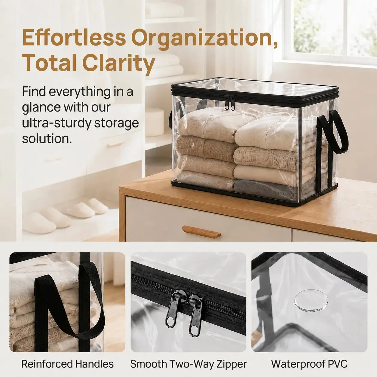Large Clear Plastic Storage Box with Zipper Lid – Heavy-Duty Organizer for Home, Camping & Moving. Length: 12.47 ft Width: 7.87 ft Height: 10.50 ft