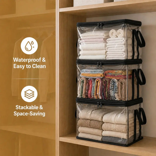 Large Clear Plastic Storage Box with Zipper Lid – Heavy-Duty Organizer for Home, Camping & Moving. Length: 12.47 ft Width: 7.87 ft Height: 10.50 ft