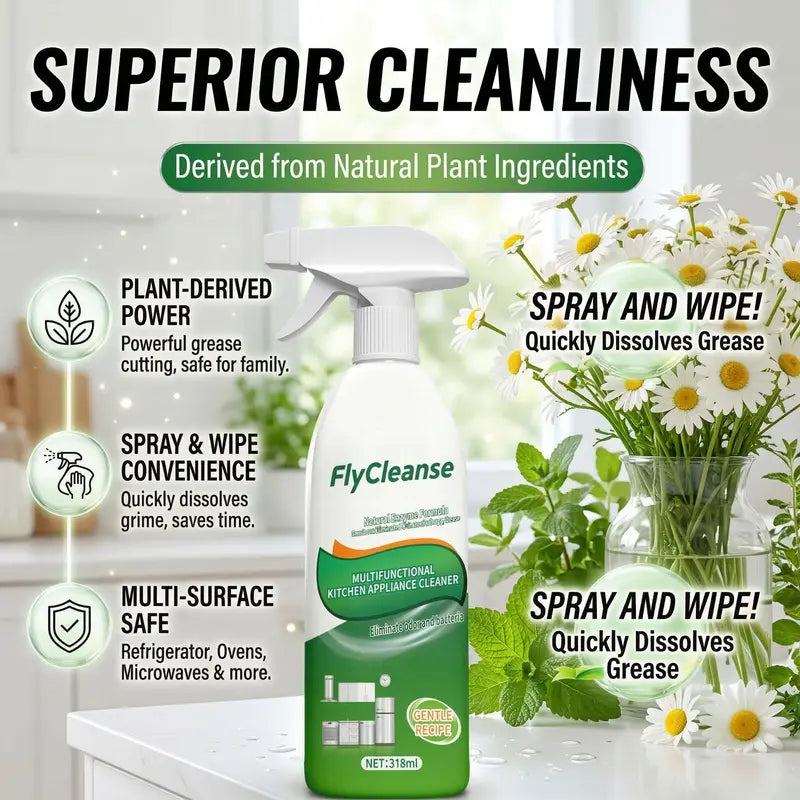 FlyCleanse Natural Enzyme Formula Kitchen Cleaning Spray - Fast-Acting Household Grease & Mold Remover Liquid, for Kitchen Stoves & Range Hoods, 318 ml Bottle, 24-Month Shelf Life, Father's Day Gift Idea,summerwins