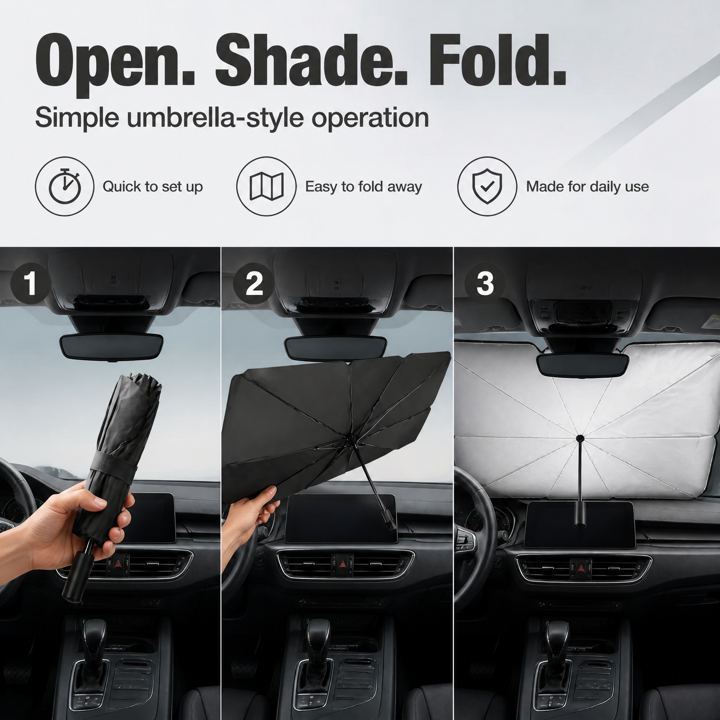 Car Windshield Sun Shade Umbrella - Foldable Heat-Reflective UV Protection Sun Visor for Car Interior, Universal Fit Titanium Silver Sunshade