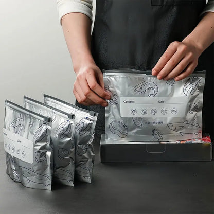 【Refrigerated Food】Reusable Aluminum Foil Sealable Storage Bags, 2026 New Resealable Vacuum Zipper Pouches for Food, Stand Up Foil Sealable Bags with Label and Zip Lock for Vegetable Fruit Meat