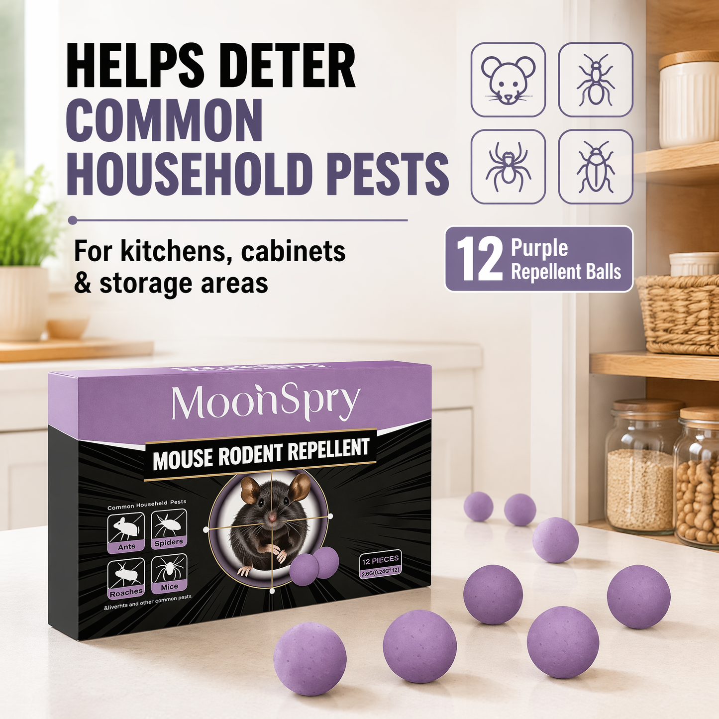 MoonSpry Mouse & Rodent Repellent – 12 Pack Purple Repellent Balls for Kitchens, Cabinets & Storage Areas – Helps Deter Common Household Pests Including Ants, Spiders, and Roaches