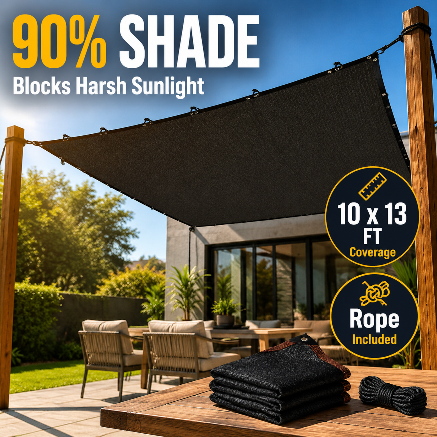 90% Blackout Cloth (Black) - 10 x 13ft UV-Resistant Shade Net with Reinforced Rivets, Suitable for Outdoor Adventures / Camping / Garden / Patio / Greenhouse.Mesh Shade Cloth