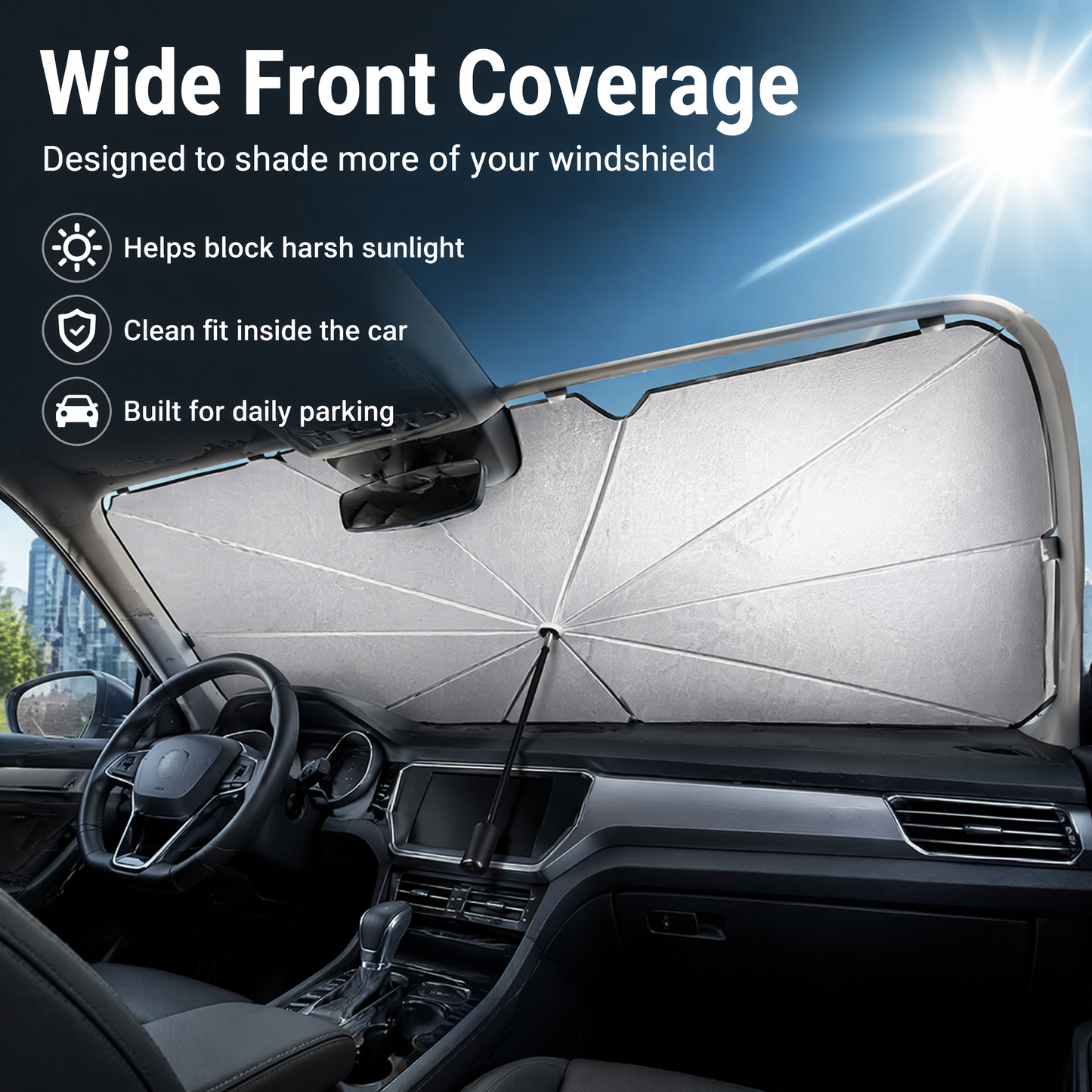 Car Windshield Sun Shade Umbrella - Foldable Heat-Reflective UV Protection Sun Visor for Car Interior, Universal Fit Titanium Silver Sunshade