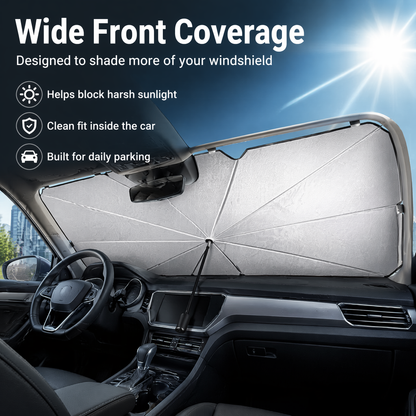 Car Windshield Sun Shade Umbrella - Foldable Heat-Reflective UV Protection Sun Visor for Car Interior, Universal Fit Titanium Silver Sunshade