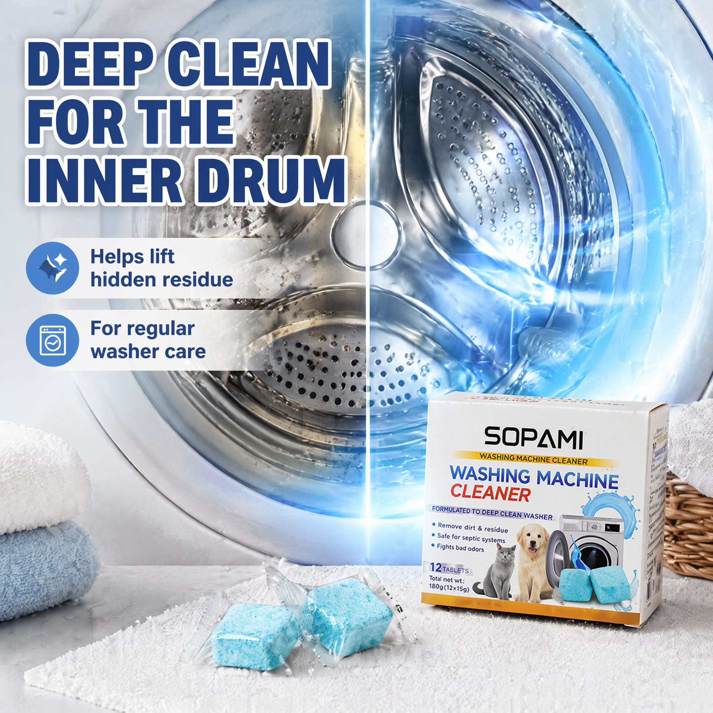 SOPAMI Washing Machine Cleaner Tablets – 12 Pack Deep Cleaning Formula for Inner Drum – Removes Pet Fur & Dirt, Fights Stubborn Odors – Safe for Septic Systems