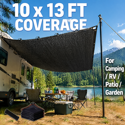 90% Blackout Cloth (Black) - 10 x 13ft UV-Resistant Shade Net with Reinforced Rivets, Suitable for Outdoor Adventures / Camping / Garden / Patio / Greenhouse.Mesh Shade Cloth