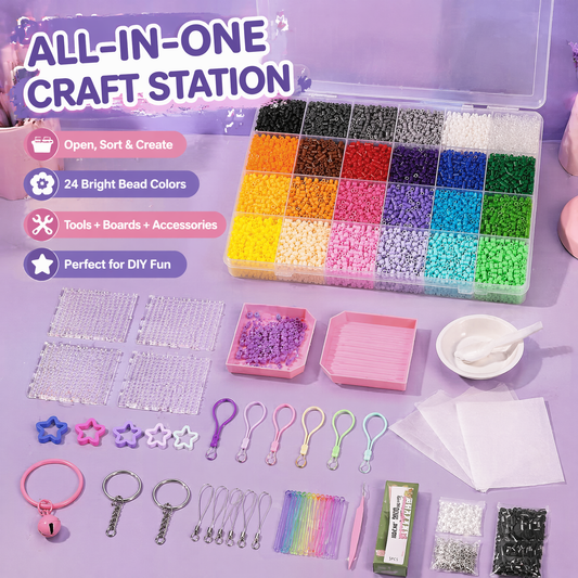 24-Color Fuse Beads Kit for Kids & Adults, Complete DIY Craft Set with Storage Case, Pegboards, Tweezers, and Keychain Accessories – Ultimate Creative Arts & Crafts Gift for Creative Fun