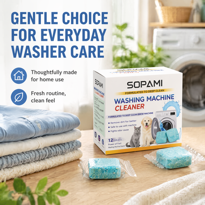 SOPAMI Washing Machine Cleaner Tablets – 12 Pack Deep Cleaning Formula for Inner Drum – Removes Pet Fur & Dirt, Fights Stubborn Odors – Safe for Septic Systems