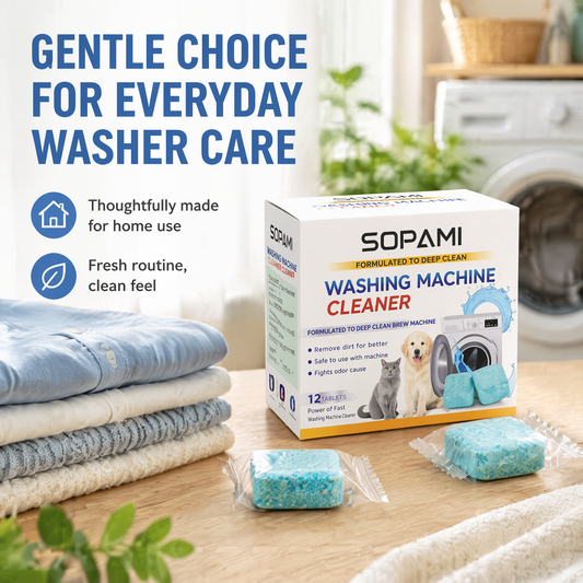 SOPAMI Washing Machine Cleaner Tablets – 12 Pack Deep Cleaning Formula for Inner Drum – Removes Pet Fur & Dirt, Fights Stubborn Odors – Safe for Septic Systems