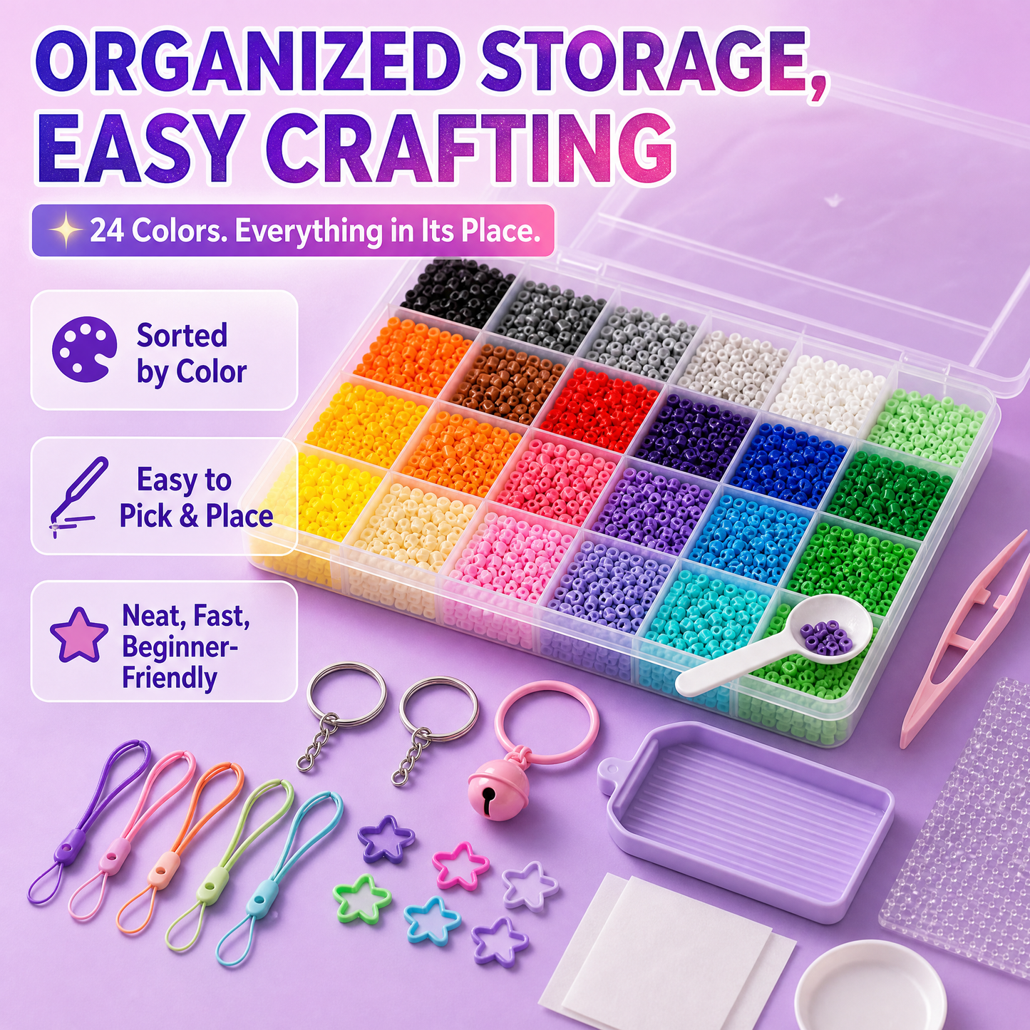 24-Color Fuse Beads Kit for Kids & Adults, Complete DIY Craft Set with Storage Case, Pegboards, Tweezers, and Keychain Accessories – Ultimate Creative Arts & Crafts Gift for Creative Fun