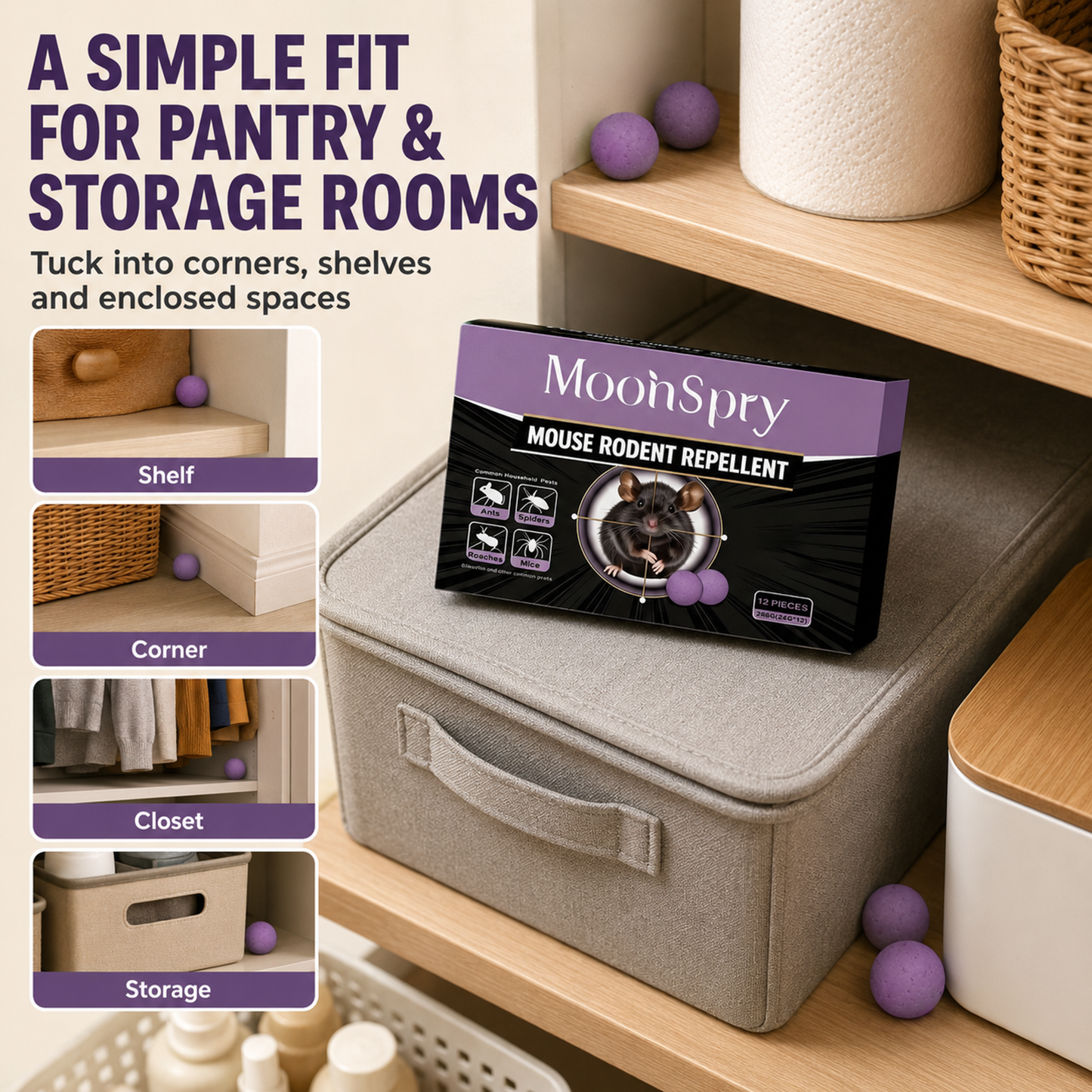 MoonSpry Mouse & Rodent Repellent – 12 Pack Purple Repellent Balls for Kitchens, Cabinets & Storage Areas – Helps Deter Common Household Pests Including Ants, Spiders, and Roaches