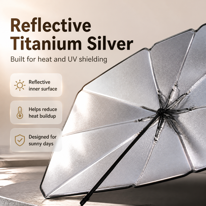 Car Windshield Sun Shade Umbrella - Foldable Heat-Reflective UV Protection Sun Visor for Car Interior, Universal Fit Titanium Silver Sunshade