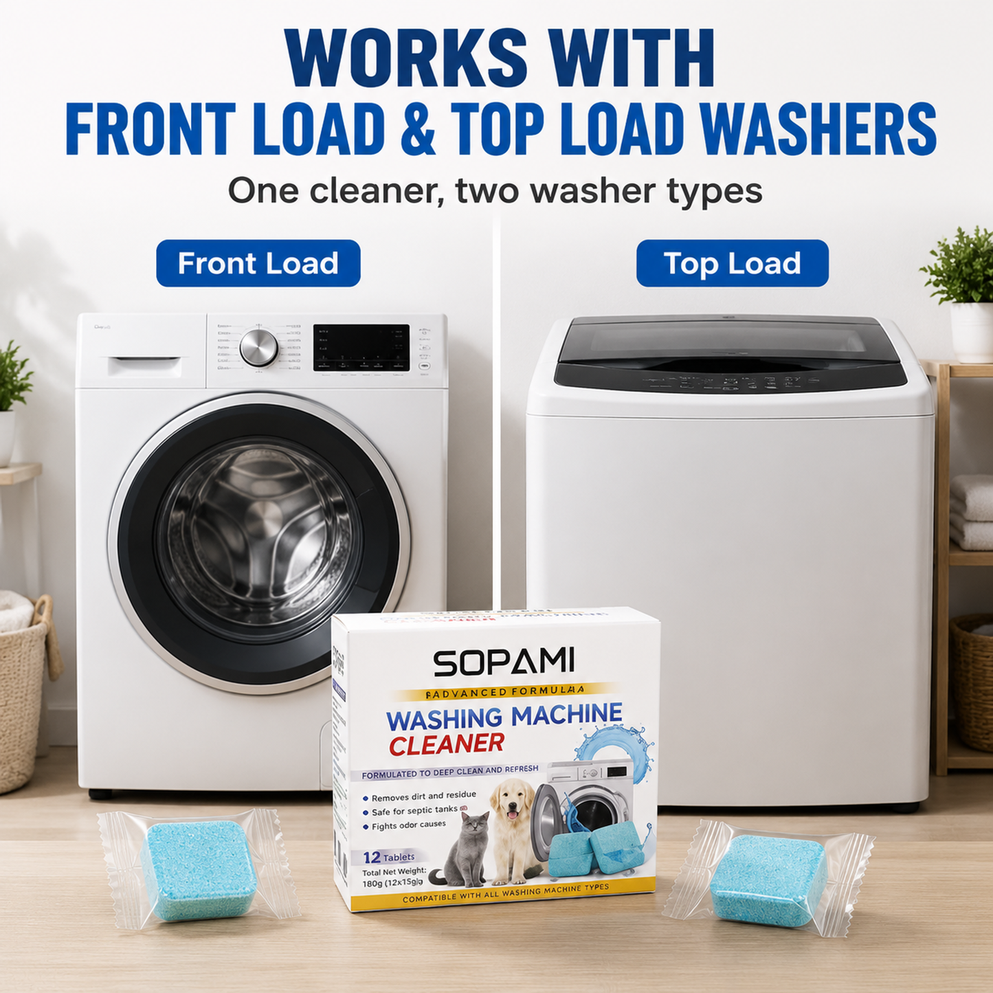 SOPAMI Washing Machine Cleaner Tablets – 12 Pack Deep Cleaning Formula for Inner Drum – Removes Pet Fur & Dirt, Fights Stubborn Odors – Safe for Septic Systems