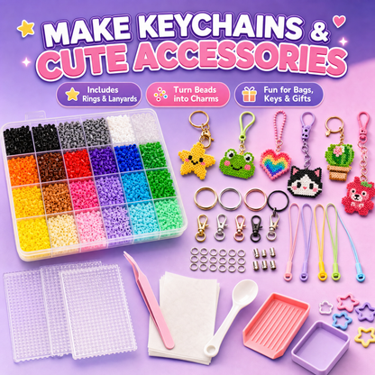 24-Color Fuse Beads Kit for Kids & Adults, Complete DIY Craft Set with Storage Case, Pegboards, Tweezers, and Keychain Accessories – Ultimate Creative Arts & Crafts Gift for Creative Fun