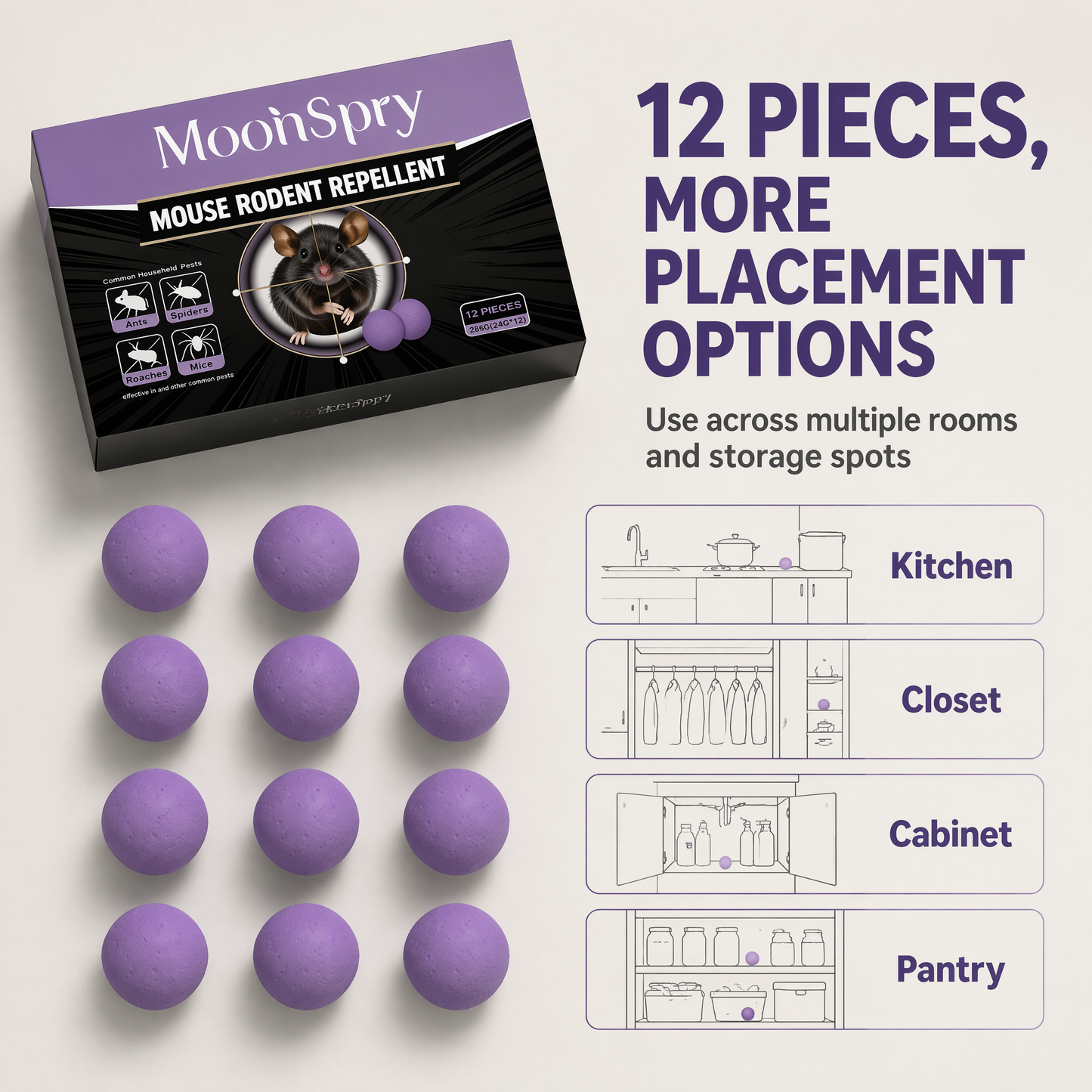 MoonSpry Mouse & Rodent Repellent – 12 Pack Purple Repellent Balls for Kitchens, Cabinets & Storage Areas – Helps Deter Common Household Pests Including Ants, Spiders, and Roaches