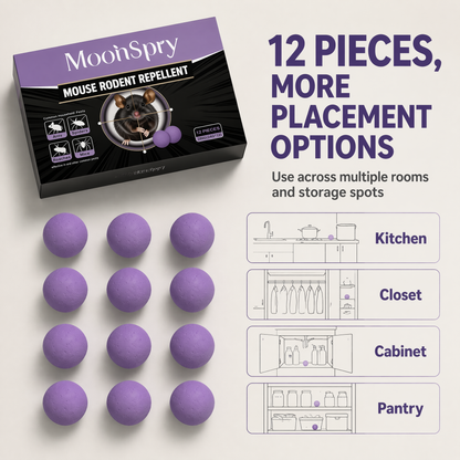 MoonSpry Mouse & Rodent Repellent – 12 Pack Purple Repellent Balls for Kitchens, Cabinets & Storage Areas – Helps Deter Common Household Pests Including Ants, Spiders, and Roaches