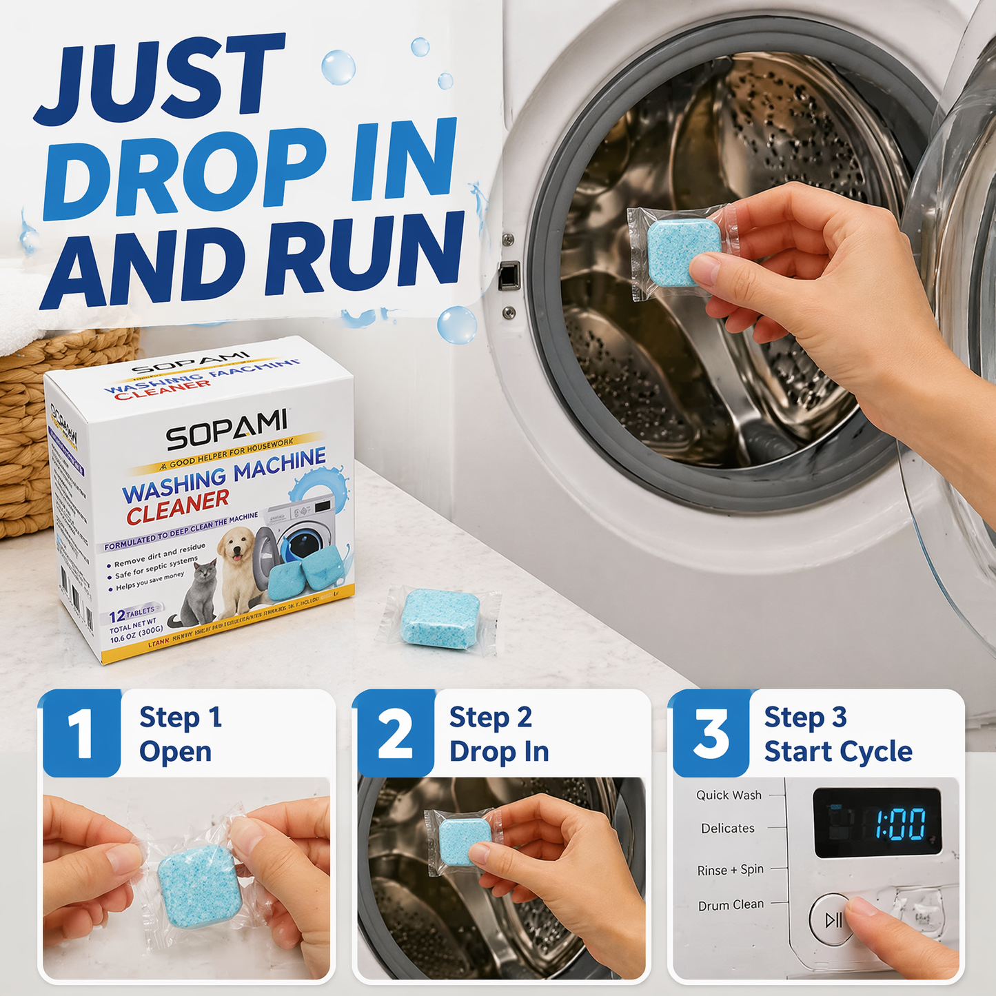 SOPAMI Washing Machine Cleaner Tablets – 12 Pack Deep Cleaning Formula for Inner Drum – Removes Pet Fur & Dirt, Fights Stubborn Odors – Safe for Septic Systems