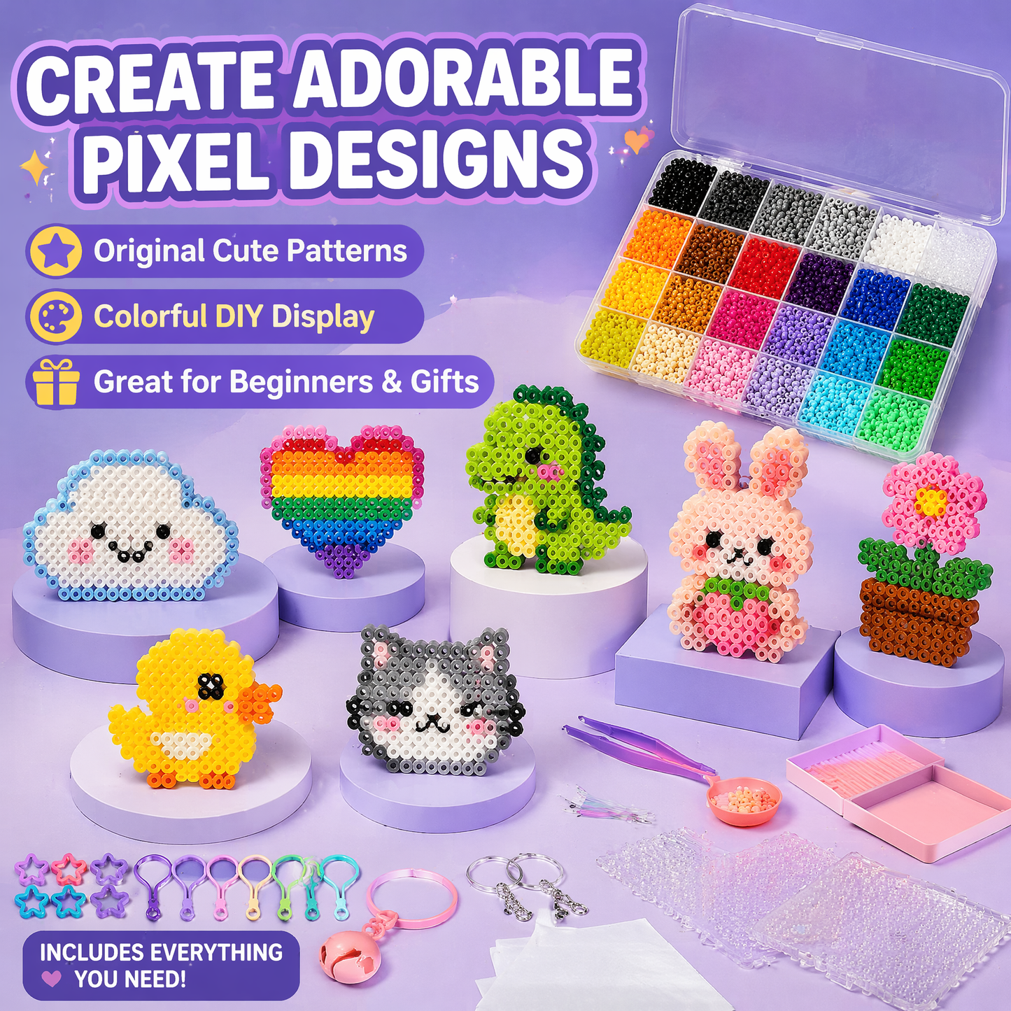 24-Color Fuse Beads Kit for Kids & Adults, Complete DIY Craft Set with Storage Case, Pegboards, Tweezers, and Keychain Accessories – Ultimate Creative Arts & Crafts Gift for Creative Fun