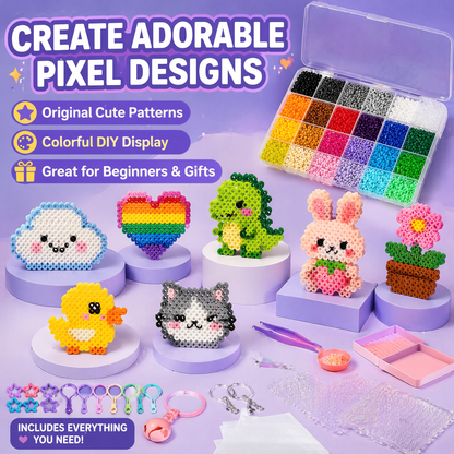 24-Color Fuse Beads Kit for Kids & Adults, Complete DIY Craft Set with Storage Case, Pegboards, Tweezers, and Keychain Accessories – Ultimate Creative Arts & Crafts Gift for Creative Fun