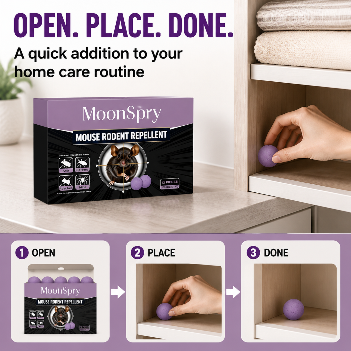 MoonSpry Mouse & Rodent Repellent – 12 Pack Purple Repellent Balls for Kitchens, Cabinets & Storage Areas – Helps Deter Common Household Pests Including Ants, Spiders, and Roaches