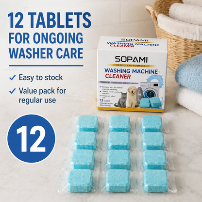SOPAMI Washing Machine Cleaner Tablets – 12 Pack Deep Cleaning Formula for Inner Drum – Removes Pet Fur & Dirt, Fights Stubborn Odors – Safe for Septic Systems